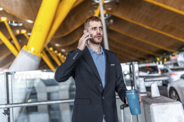 Businessman in a suit holding a reusable coffee cup while using a smartphone, waiting at the