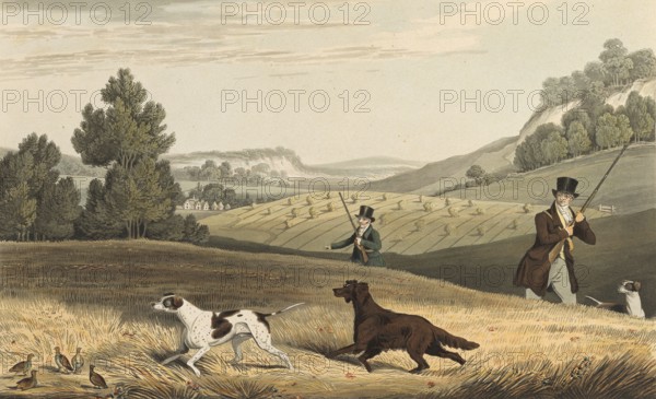 Partridge hunting in England, 1822, Historical, digitally restored reproduction from a 19th century