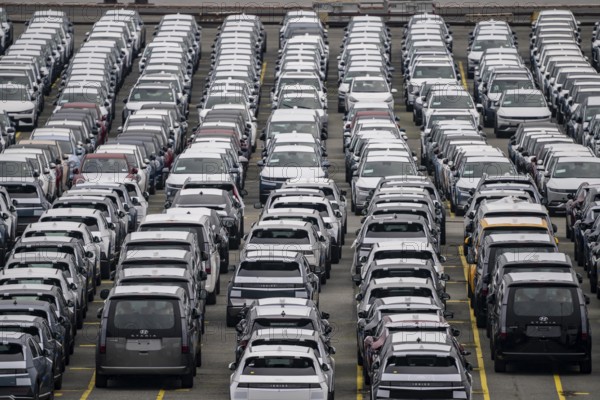 Parking space for import vehicles, hundreds of Hyundai Ioniq, electric cars, waiting for onward