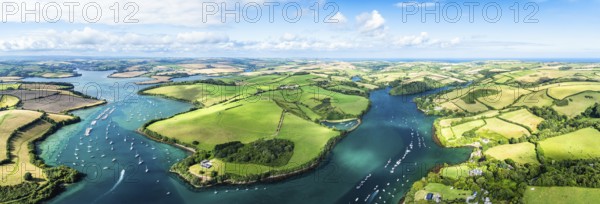 Panorama of Salcombe and Mill Bay over Kingsbridge Estuary from a drone, Batson Creek, Southpool