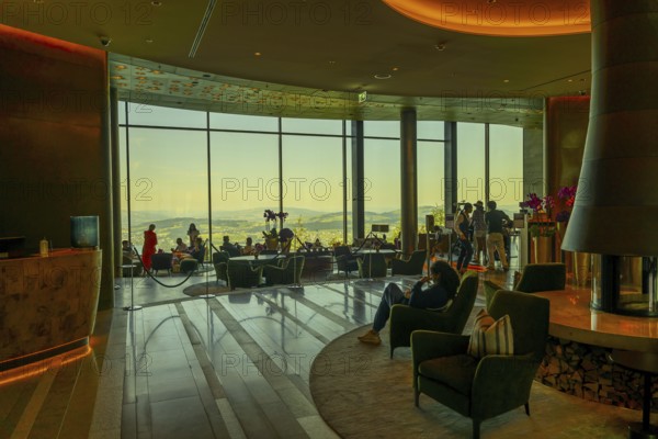 Hotel Five Stars Bürgenstock with Restaurant over Lake Lucerne and Mountain in Sunny Day in