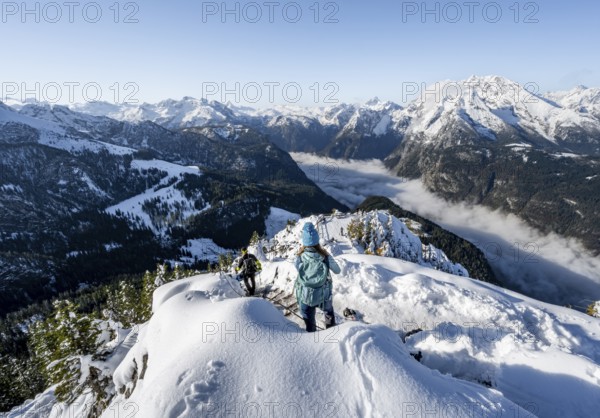 Mountaineers on the snowy summit of the Jenner in autumn, view of the sea of clouds and the