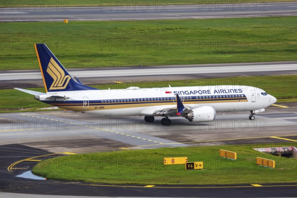 A Boeing 737 MAX 8 aircraft of Singapore Airlines with the registration 9V-MBK at Changi Airport,
