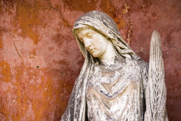 White angel with feather in front of red wall, angel statue, angel figure with peaceful face,