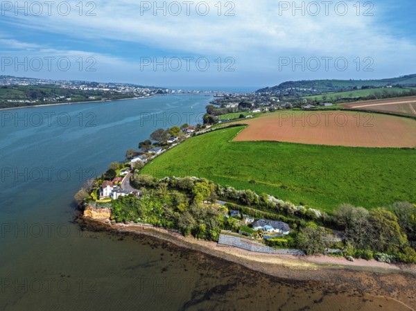 Farms and Fields over River Teign from a drone, Teignmouth, Shaldon, Devon, England, United