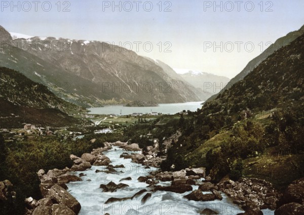 General view towards Odde, Odda, Hardangerfjord, Norway, View from 1885, Historical, digitally