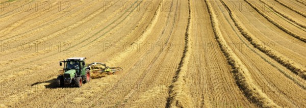 Tractor in stubble field harvesting and turning straw, Saalekreis, Saxony-Anhalt, Germany, Europe