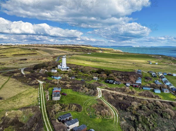 Portland Bird Observatory from a drone, Bill Lighthouse, Portland Bill, Isle of Portland, Dorset,