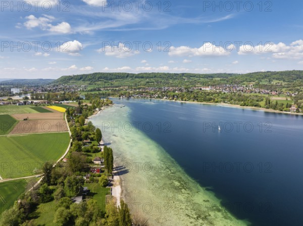 Aerial view of Lake Rhine, Untersee, Lake Constance, near Eschenz, on the right the Höri peninsula