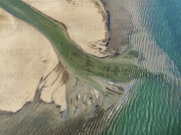 Aerial photograph, top down view of the Radolfzell Aach estuary with current lines, structures,