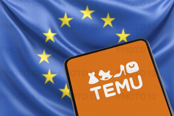 Temu logo online marketplace from China with EU European Union flag online trading ecommerce on a