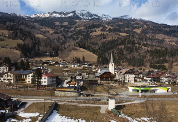 Drone shot, view of village with parish church, Rangersdorf, Mölltal, Carinthia, Austria, Europe