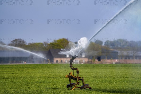 Artificial irrigation of a cereal field in April, with a sprinkler system, long dry spell in spring