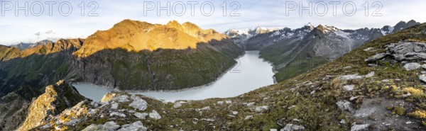 Picturesque mountain landscape at the summit Mont de la Blana at sunset, view of blue mountain