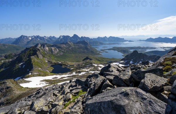 View of mountains and fjord landscape, mountain panorama, mountaineer at the summit of Rundfjellet,