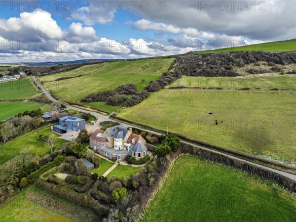 Farms over Swyre and West Bexington from a drone, West Bexington Nature Reserve, S W Coast Path,