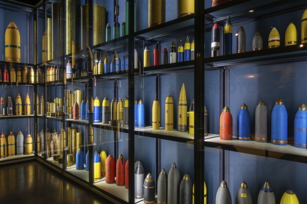 British and German WW1 colour coded artillery shells at WWI Passchendaele Museum about the Third