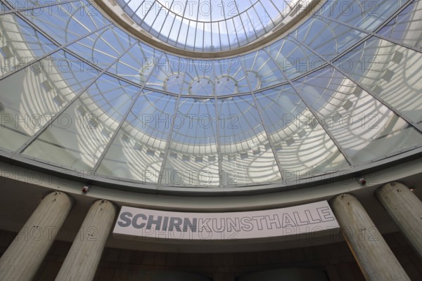 Kunsthalle Schirn with round glass dome, glass window, glass building, inscription, modern