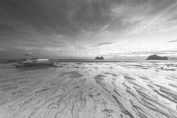 Structures in the sand, sunrise at low tide on the beach of Koh Ngai Island, Andaman Sea, Satun