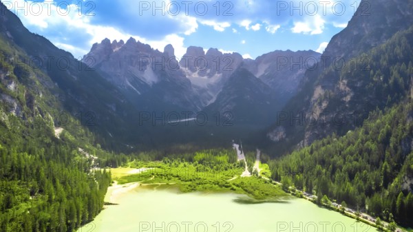 Breathtaking aerial view of lago di landro, or durrensee lake, surrounded by the stunning dolomites