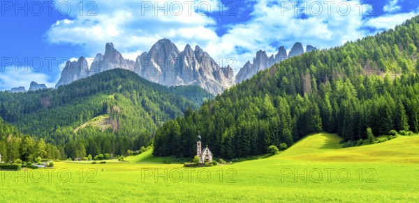 Scenic landscape featuring the st. Magdalena church nestled in a vibrant green valley with the