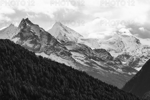Snow-covered peaks of the mountains Le Besso and Obergabelhorn, black and white photo, Val