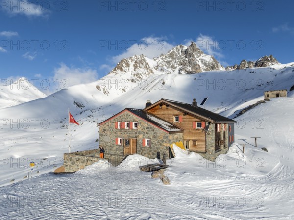 SAC Alpine Club hut in winter, Chamanna d'Es-cha, Pitz Blaisun, Albula Alps, Grisons, Switzerland,