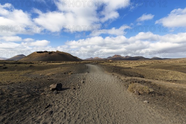 Hiking trail to the volcanic crater Caldera de Los Cuervos, lava fields, Los Volcanes nature park