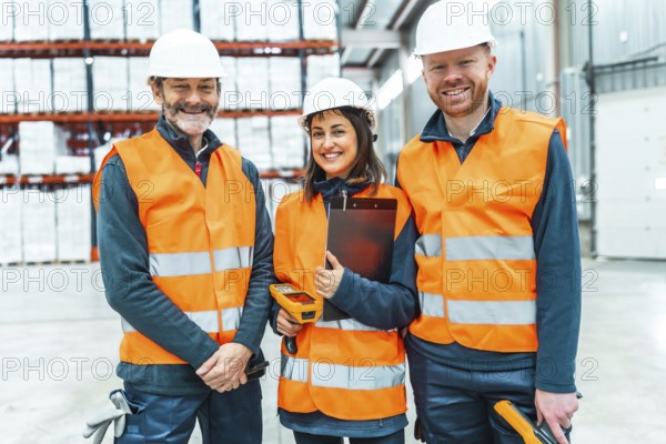 Warehouse workers wearing safety vests and hard hats smiling in a logistics center, managing