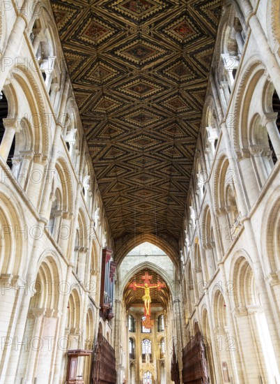 Interior of cathedral church, Peterborough, Cambridgeshire, England, UK looking up at ceiling and