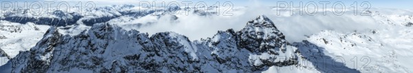 Alpine panorama, aerial view, mountain peak Piz Kesch and glacier Vadret da Porchabella, Albula