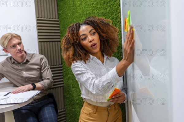 Businesswoman using colorful sticky notes while brainstorming new ideas on a whiteboard in a modern