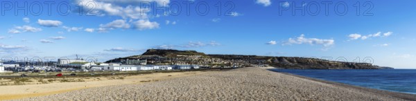 Panorama of Chesil Beach, West Bay to Portland, Jurassic Coast, Dorset, England, United Kingdom,