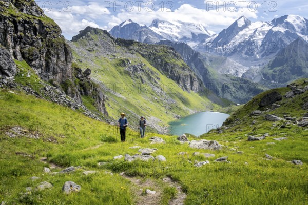 Hiker and mountain lake Lac de Louvie with glaciated summit of the Grand Combin, Val de Bagnes,