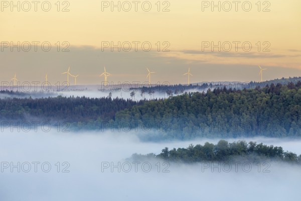 Wind turbines in the morning light, fog, Danube valley, mixed forest, Bandfelsen, Leibertingen,