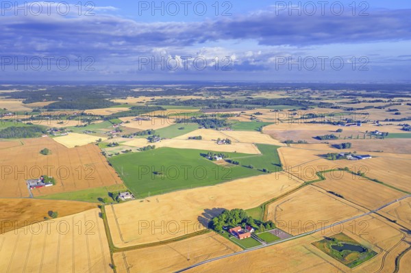 Aerial view over agricultural wheat fields, meadows, farmland and farms in Skåne län, Scania