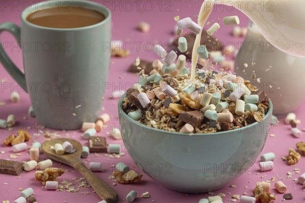 Breakfast, milk is poured into a bowl with muesli and colourful marshmallows, coffee next to it