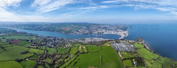 Panorama of Coast View Holiday Park, Farms and Fields over River Teign from a drone, Teignmouth,