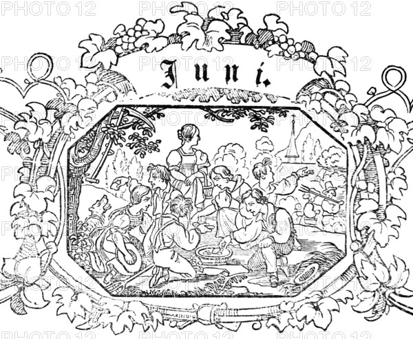 Month of June, men and woman taking a break from working in the fields and eating, village, church,