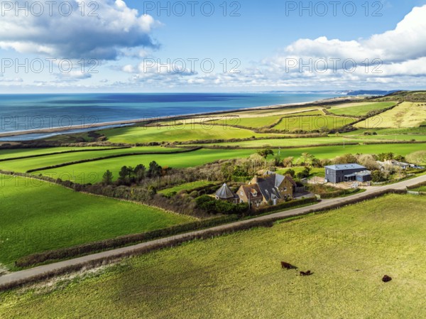 Farms over Swyre and West Bexington from a drone, West Bexington Nature Reserve, S W Coast Path,