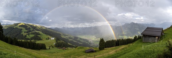 View over the Brixen Valley with rainbow, Hochbrixen, Brixen im Thale, Kitzbühel Alps, Tyrol,