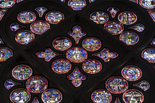 Colourful stained glass windows, Notre-Dame Cathedral, former episcopal church of the diocese of