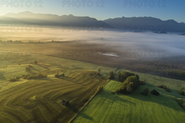 Aerial view of a meadow fertilised with liquid manure in front of a mountain landscape, morning