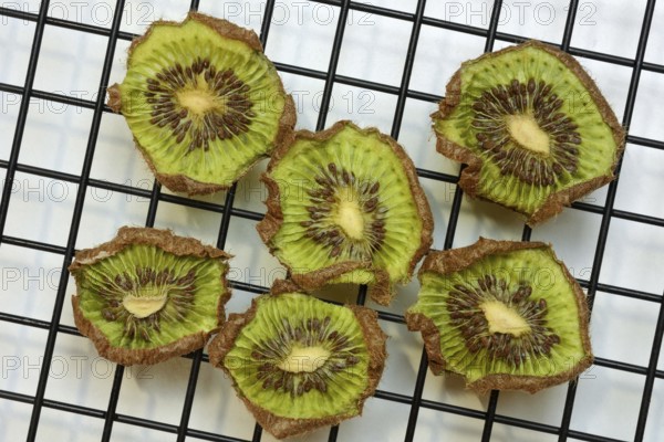 Dried kiwi slices on a wire rack, dried fruit