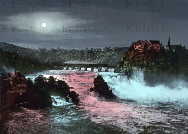 Rhine Falls at night, near Schaffhausen in Switzerland, Historical, digitally restored reproduction