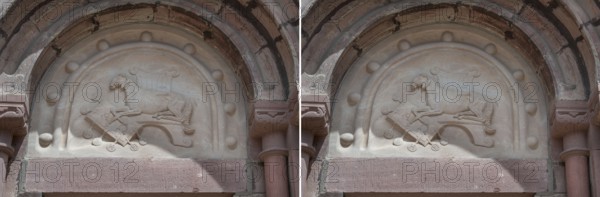 Romanesque reliefs of a sheep above the left and right entrance portals of Villingen Minster of Our