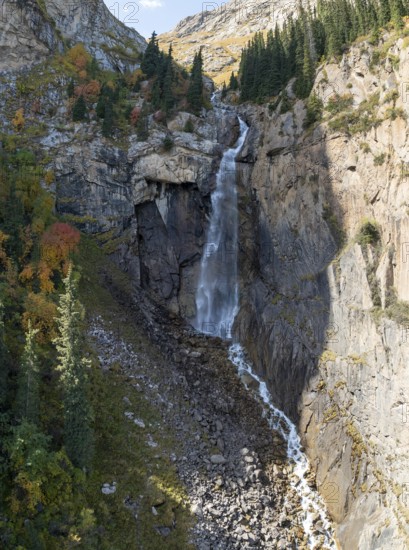 Aerial view, Barskon or Barskoon waterfall, mountain landscape with waterfall in a mountain valley,