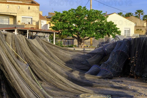 Fishing nets at the harbour of Meze, Mèze, on the Etang Thau, Département Hérault, Region