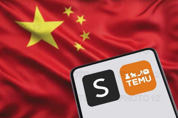 Temu and Shein app logo online marketplace from China with flag online trading ecommerce on a