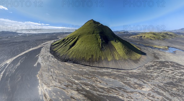 Aerial view, Mælifell mountain covered with moss, Maelifell, black sand desert Mælifellssandur,